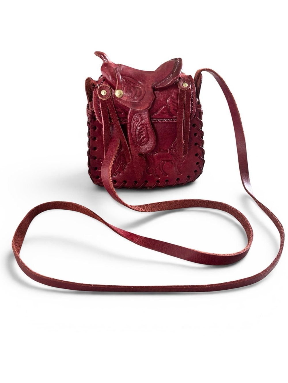 Vintage Saddle Western Handmade Tooled Leather Crossbody Bag Horse Deep Burgundy